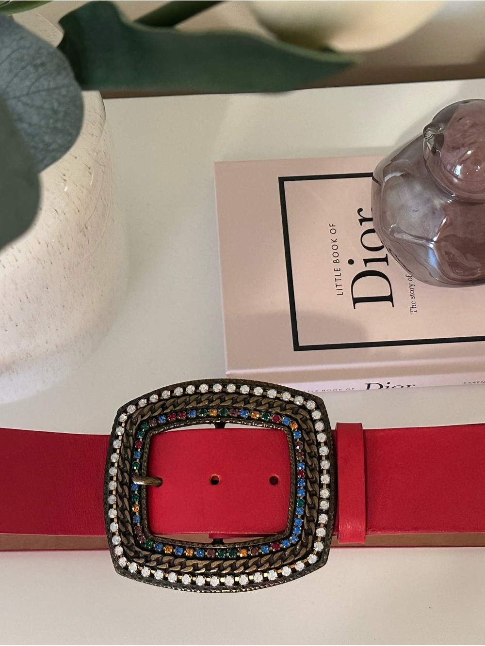 Etro Red Leather Belt with Multicolor Crystal Square Buckle
